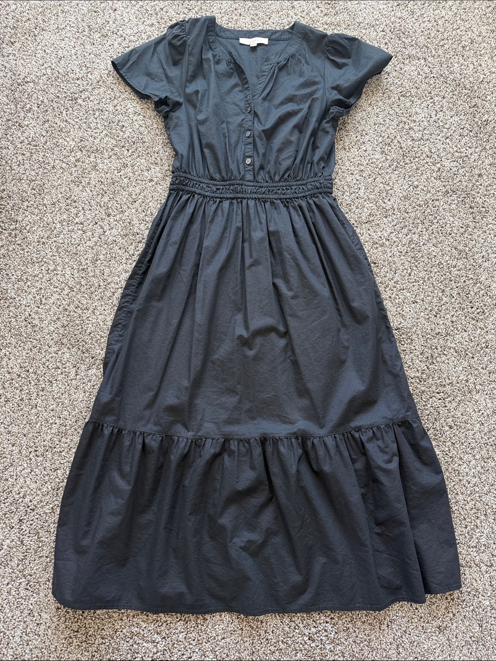 Loft Black Button-Front Tiered Midi Dress
